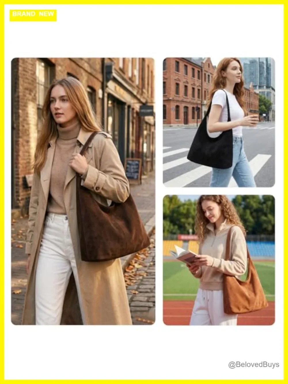 Faux Suede Slouchy Hobo Bag with Removable Pouch Cresent Tote Shoulder Purse
